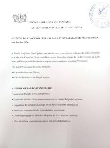 ANUNCIO DE CONCURSO PUBLICO PARA CONTRATACAO DE PROFESSORES Ano Lectivo 2026 Escola Anglicana Sao Cipriano