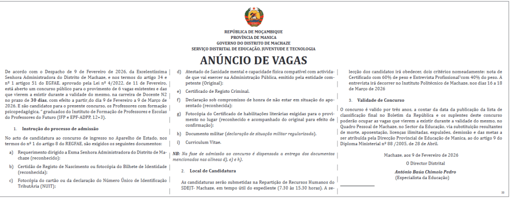 Docentes N2 2 concurso publico para professores machaze