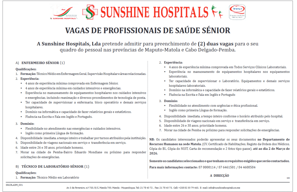 Enfermeiro Sénior 2 vagas para saude pemba matola Sunshine Hospitals