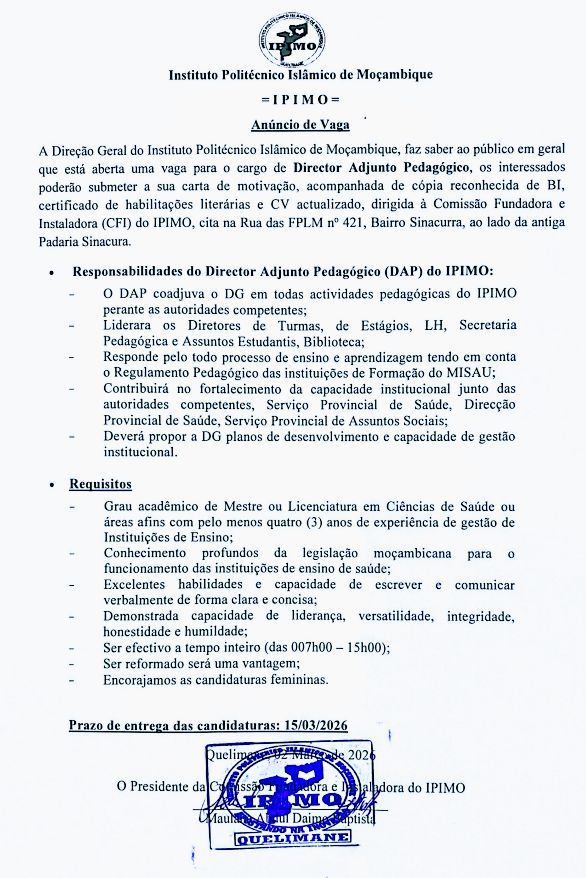 Instituto Politecnico Islamico De Mocambique vaga para director adjunto pedagogico