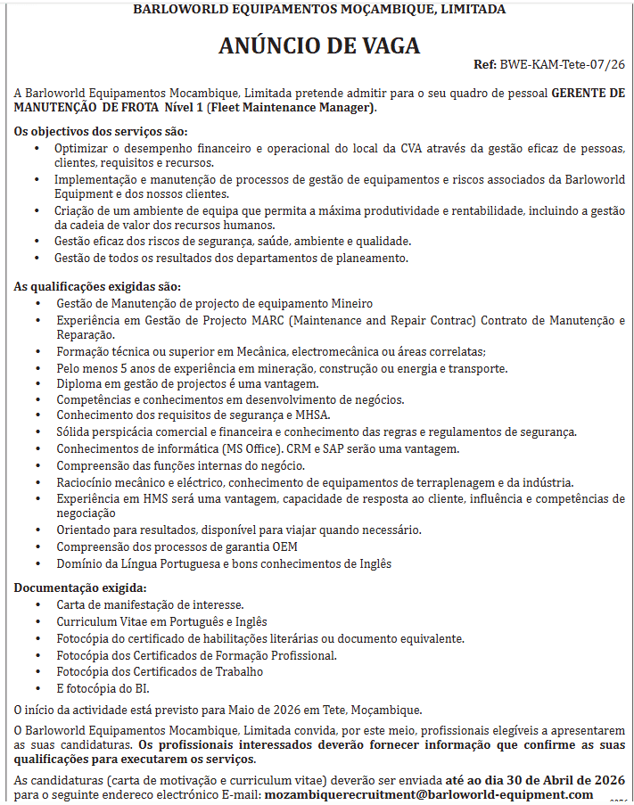 vaga para gestor de frotas