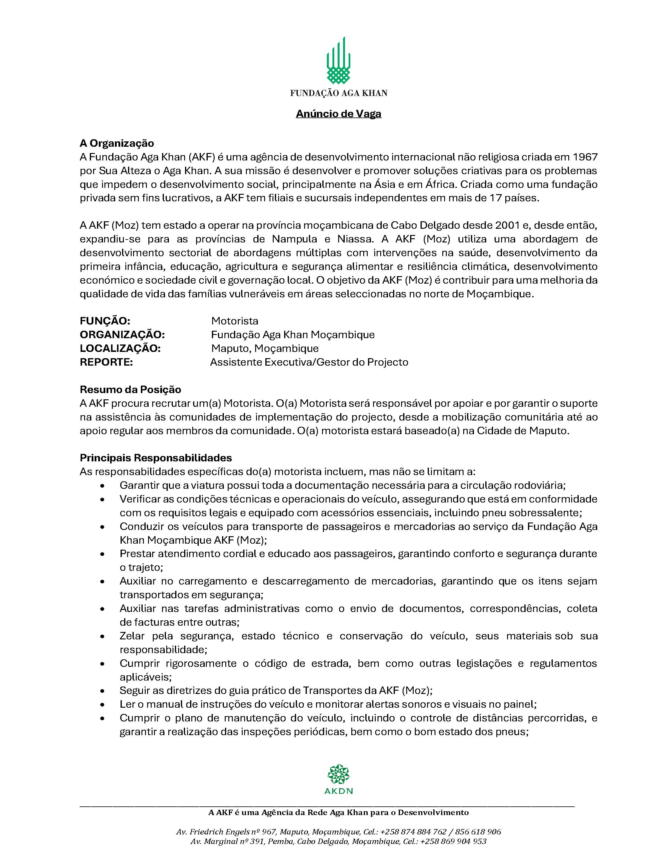 Motorista 2 Fundacao Aga Khan AKF vaga para Motorista maputo