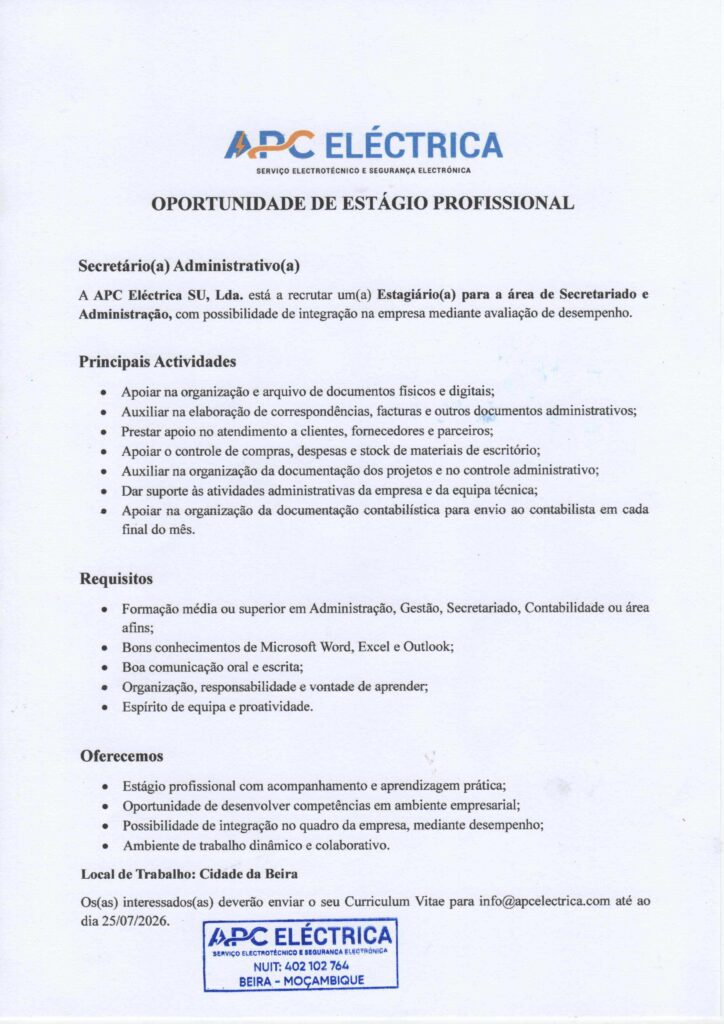 Secretário/a Administrativo/a 2 Secretarioa Administrativoa APC Electrica SU Lda