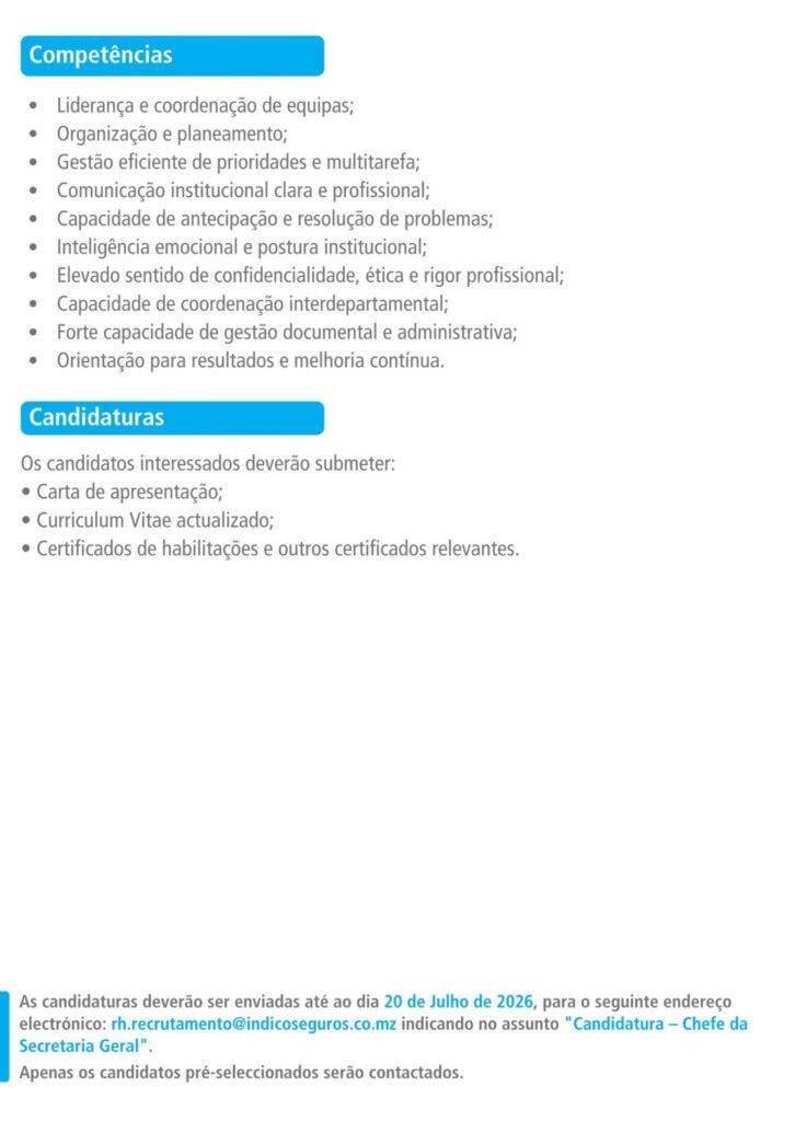 Vaga para Chefe da Secretaria Geral indico seguros candidatras